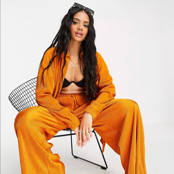 ASOS South Beach plisse oversized beach shirt co ord in high shine copper - Picture 5 of 6